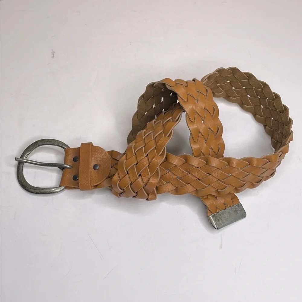 Woven Chunky Belt Brown Vegan Leather Rounded Buckle